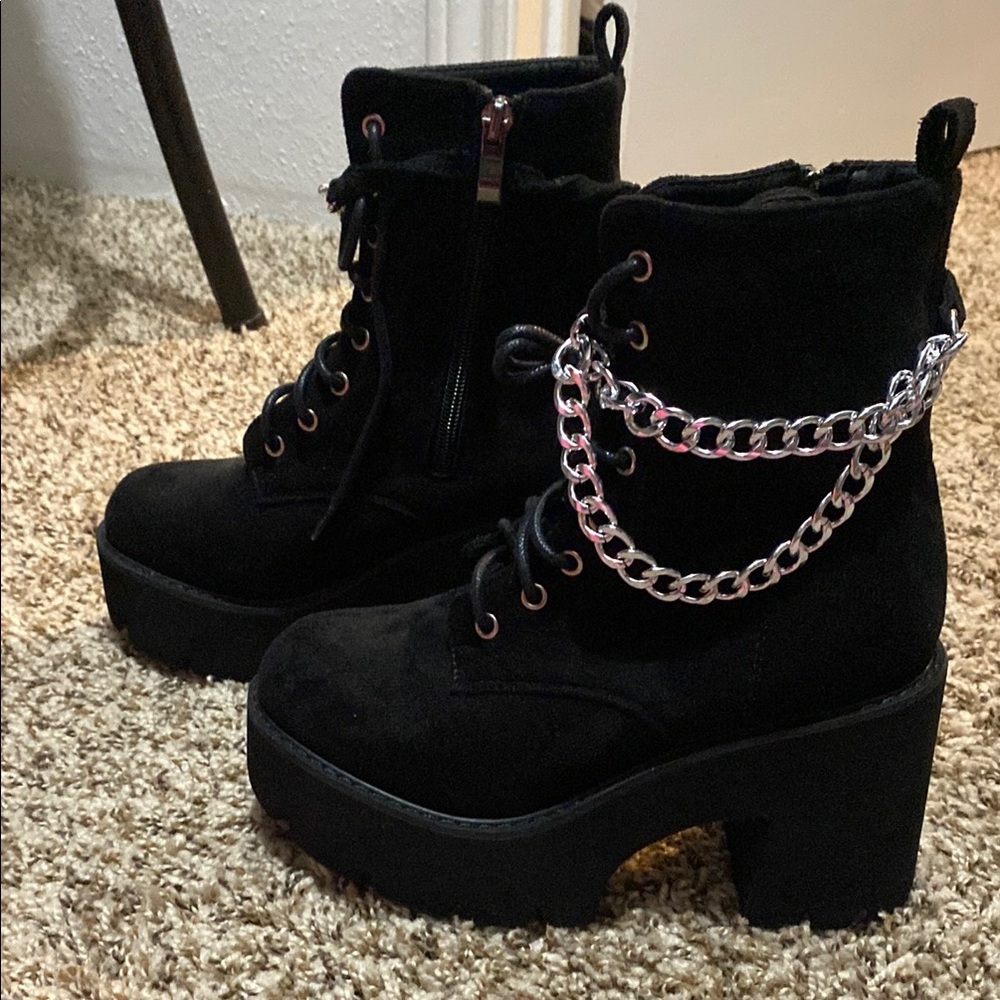Black Platform Ankle Boots with Chain Detail
